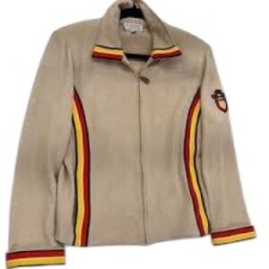 St. John Sport by Marie Gray Beige Bomber Jacket with Red & Yellow Stripes
